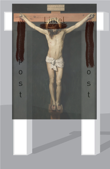 Christ hanging as the door, painting the above image of a doorpost and lintel with the blood from his hands and His crown of thorns