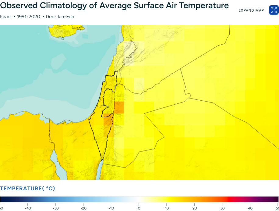 Average Daily Surface Temperature in Israel from 1991-2020 in the Winter Months