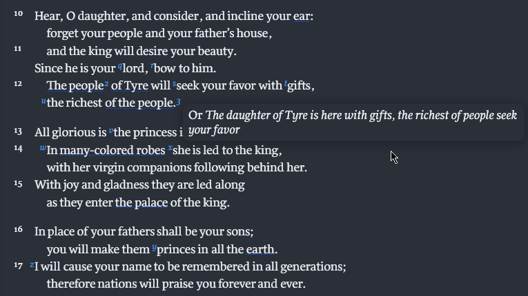 An image showing the ESV footnote including the longer reading that's found in the Greek Psalm